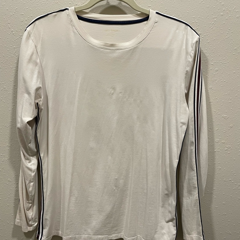 Tory Sport White Long Sleeve Tee with Navy Stripes